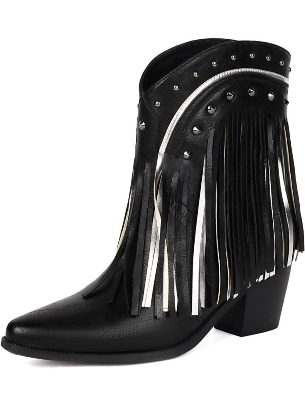 Women's Black Sparkly Rhinestone Fringe Tassels Western Ankle Short Heeled Boots